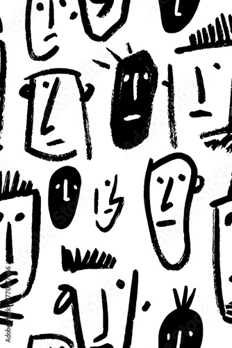 Minimalist abstract pattern of human profiles in black and white
