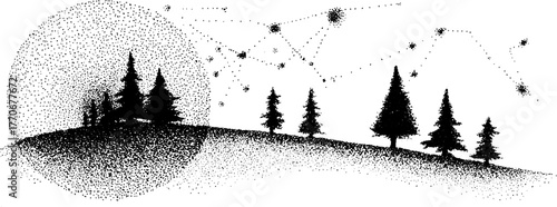 Winter constellation in telescopic view - black and white landscape design for posters