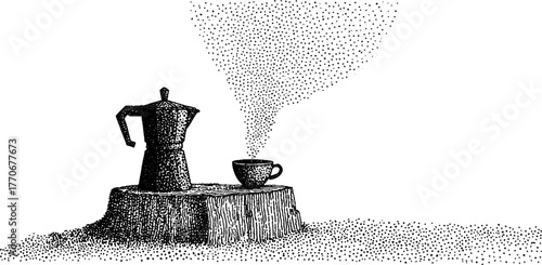 Cozy morning illustration with thermos and enamel cup on tree stump in halftone style