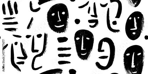 Minimalist black and white pattern of abstract human silhouettes for design use