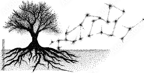 Tree roots and celestial connection in black and white dotwork art
