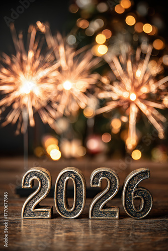 celebrate 2026 fireworks with metal numbers standing against dark sky over sparkling bokeh background, closeup, new years eve day, silvester, prosit, portrait view, photorealistic