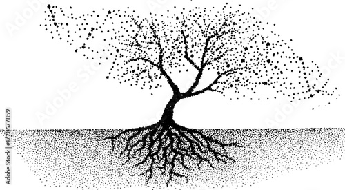 Black and white illustration of tree with spreading roots for design and decor