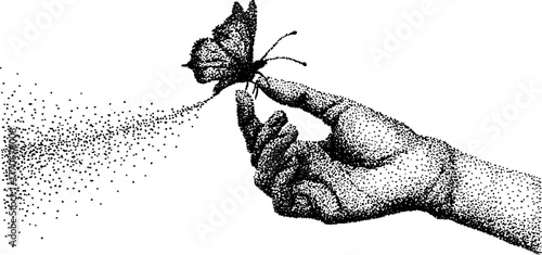 Black and white illustration of hands gently holding a butterfly - vintage art design for posters