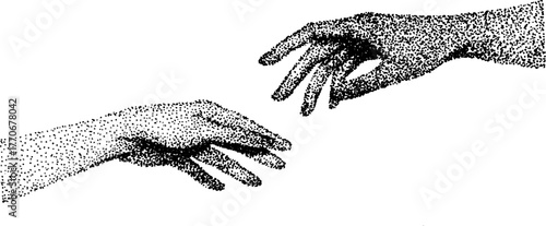 Intertwined hands in black and white dotwork illustration for artistic design