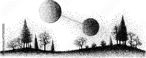 Celestial alignment of two planets over forest landscape in dotwork style