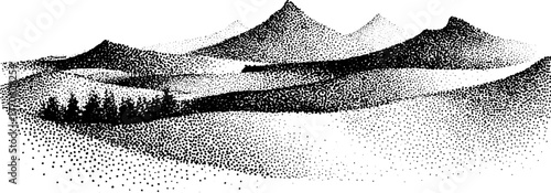 Black and white desert landscape with distant mountains in dotwork style