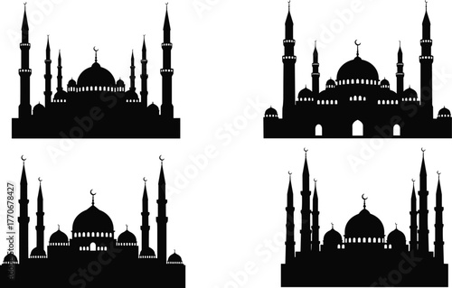 Silhouette mosque vector illustration, Islamic architecture domes and minarets, religious building design, Ramadan Eid symbol, cultural heritage art, worship place