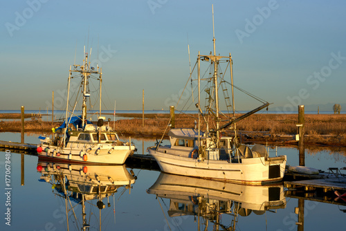 Scotch Pond Gillnetters Docked Steveston. Gillnetters tied to the wharf on a winter morning in Scotch Pond, Steveston, British Columbia.
