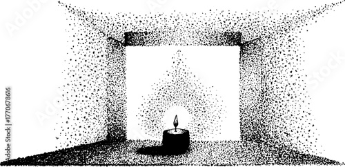 Winter window frame with frost and candlelight in black and white stipple design