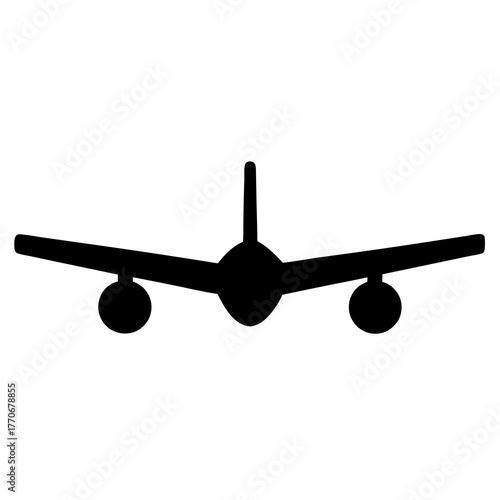 Iconic black silhouette of an airplane flying towards the viewer on white
