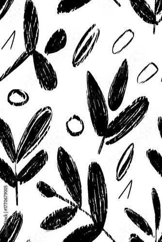 Minimalist black and white abstract olive branch pattern