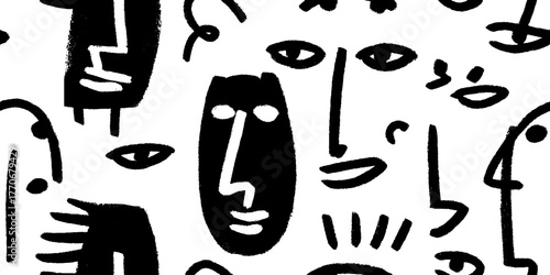 Minimalist abstract black and white pattern featuring profile contours for modern design art