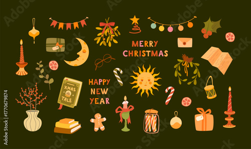 Festive Christmas and New Year clipart set with cozy holiday elements. Candles, wreath, mistletoe, book, gifts, candy canes, garlands, letters, gingerbread man. For sticker, card, print, invitation