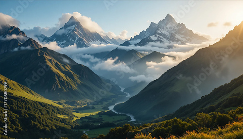 A breathtaking view of majestic mountain ranges at sunrise, with golden sunlight illuminating the peaks and valleys. Soft clouds drift through the mountains, and a winding river flows below, creating 