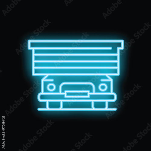 Bright blue neon icon of a tipper truck glowing on a black background