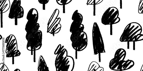 Minimalist black and white tree pattern with scribble texture for design