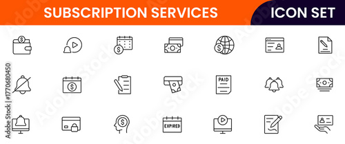 Subscription Services vector web line icon collection, sleek illustrations of plans, payments, memberships, digital access for modern, streamlined designs.