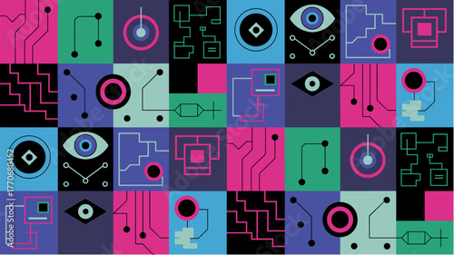 Abstract digital seamless circuit pattern in neon colors for tech design