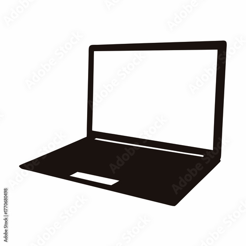 Simple black laptop computer silhouette icon on a white background plane