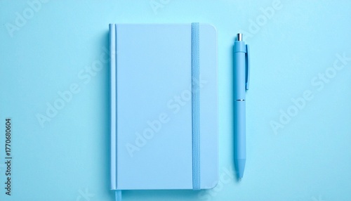Minimalist Light Blue Notebook and Pen Set on Matching Monochrome Surface