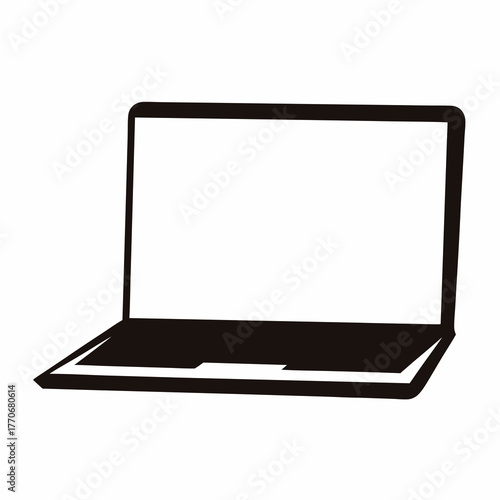 Black and white minimalistic illustration of a laptop, open and ready for use