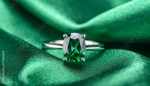 Silver Ring with Green Gemstone on Rich Green Satin Fabric in Elegant Close-Up