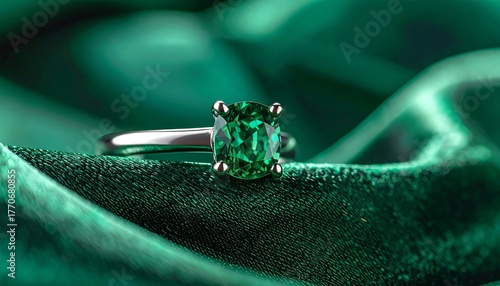 Silver Ring with Green Gemstone on Rich Green Satin Fabric in Elegant Close-Up