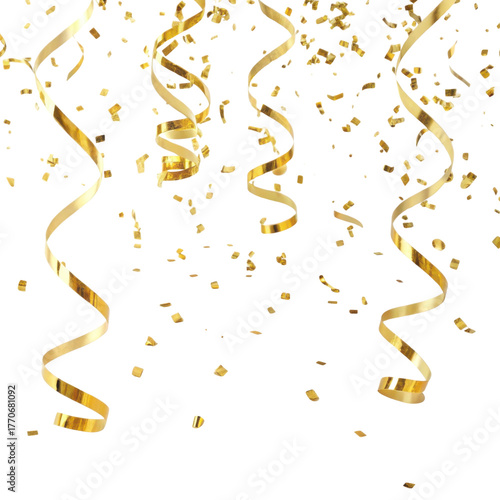 Festive gold confetti and serpentine falling transparency background. joyous celebration for party or holiday decoration and abstract