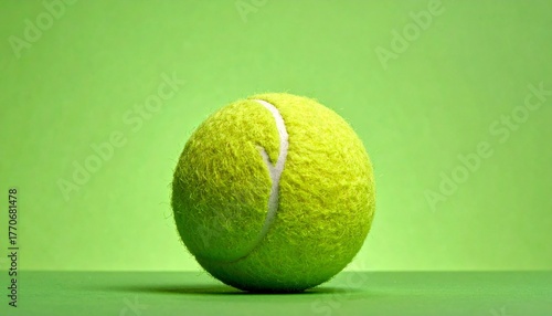 Single Yellow Tennis Ball with White Seams on Green Surface and Background