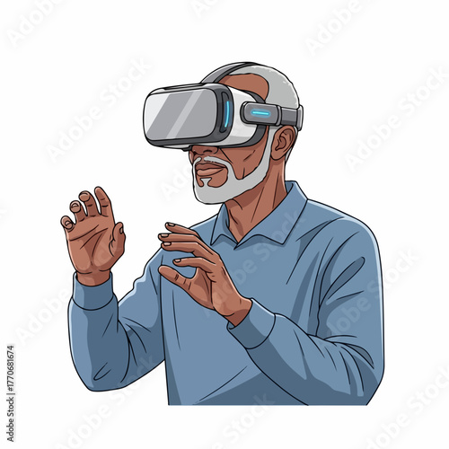 Man wearing VR headset experiences immersive virtual reality. VR headset creates realistic simulation for entertainment and learning, exploring new digital worlds.