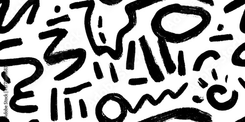 Minimalist abstract black and white chaotic pattern with brushstroke wreaths for modern design