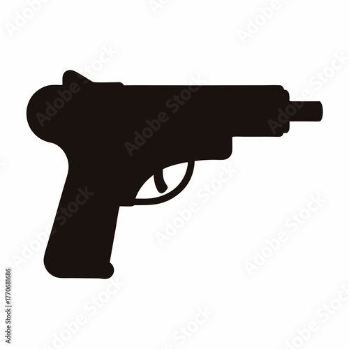 Black silhouette of a pistol firearm side view on white background