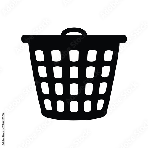 Simple black silhouette of a plastic laundry basket on a white background