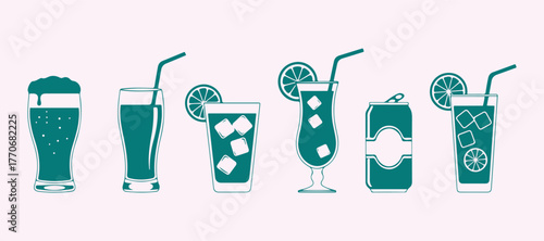 Vector icons of summer beverages including juice and beer in monochrome.