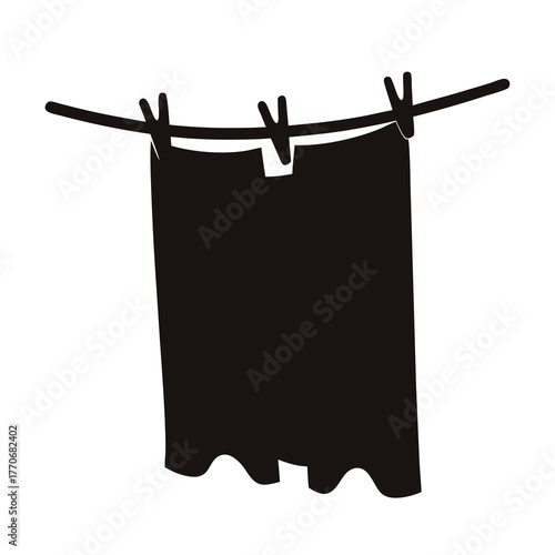 Simple black and white image of clothes hanging on a clothesline to dry