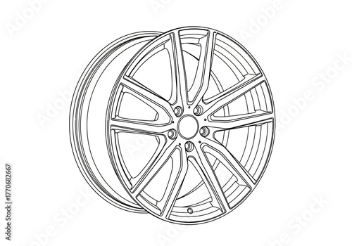 Detailed Line Art of a Car Wheel Rim with Spokes.