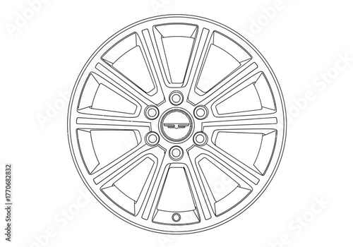 Detailed Outline of a Car Wheel Rim with Spokes and Central Logo.