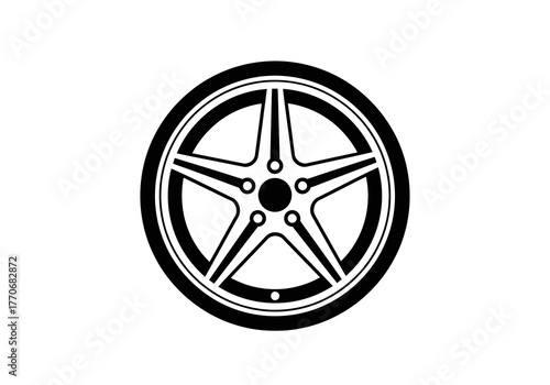 Black and White Car Wheel with Five-Spoke Rim Design.
