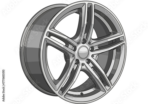 Silver Five-Spoke Alloy Car Wheel Rim Design.