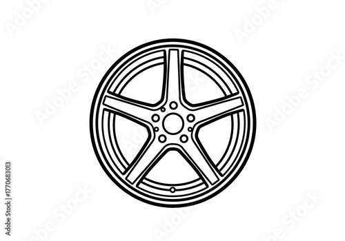 Black and White Line Art of a Five-Spoke Car Wheel Rim.