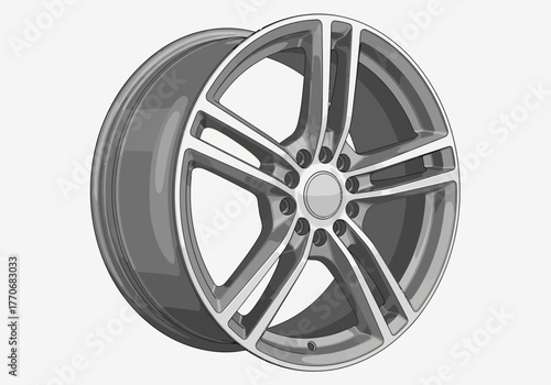 Silver Alloy Car Wheel with Five Spokes and Bolt Holes.