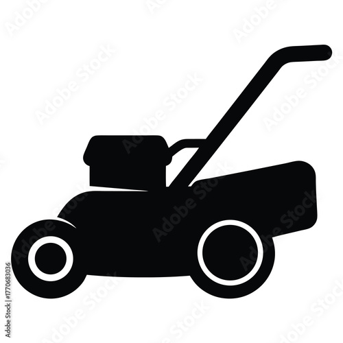 Simple black silhouette of a lawn mower against a white background