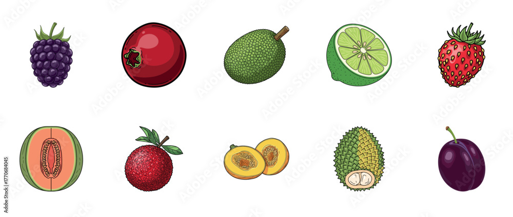 Obraz premium Variety of colorful fruits including blackberry, cranberry, durian, lime, strawberry