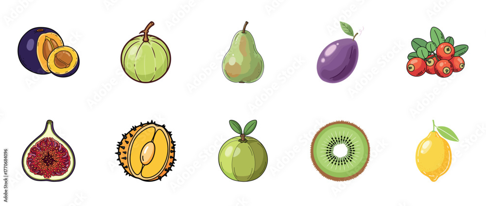 Fototapeta premium Colorful variety of fruits including kiwi, lemon, fig, and more on white background
