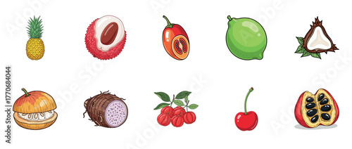 Collection of exotic fruits: pineapple, lychee, tamarillo, lime, coconut, apple, taro, goji berry, cherry, horned melon
