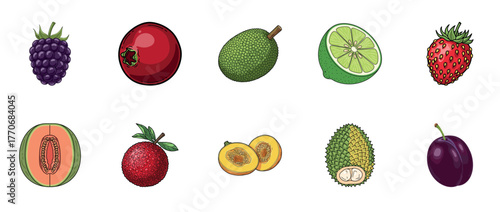 Variety of colorful fruits including blackberry, cranberry, durian, lime, strawberry