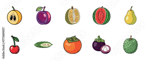 Illustrated variety of colorful fruits including melon, plum, jackfruit, watermelon, pear, cherry, bitter melon, persimmon, mangosteen, durian