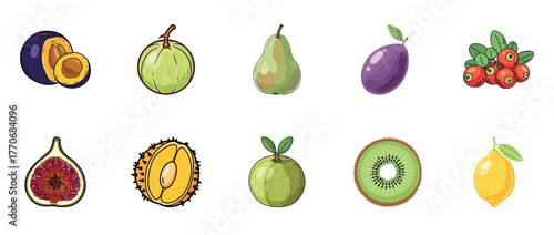 Colorful variety of fruits including kiwi, lemon, fig, and more on white background