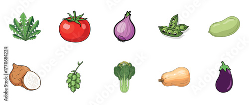 Colorful array of vegetables and herbs including tomato, onion, and peas